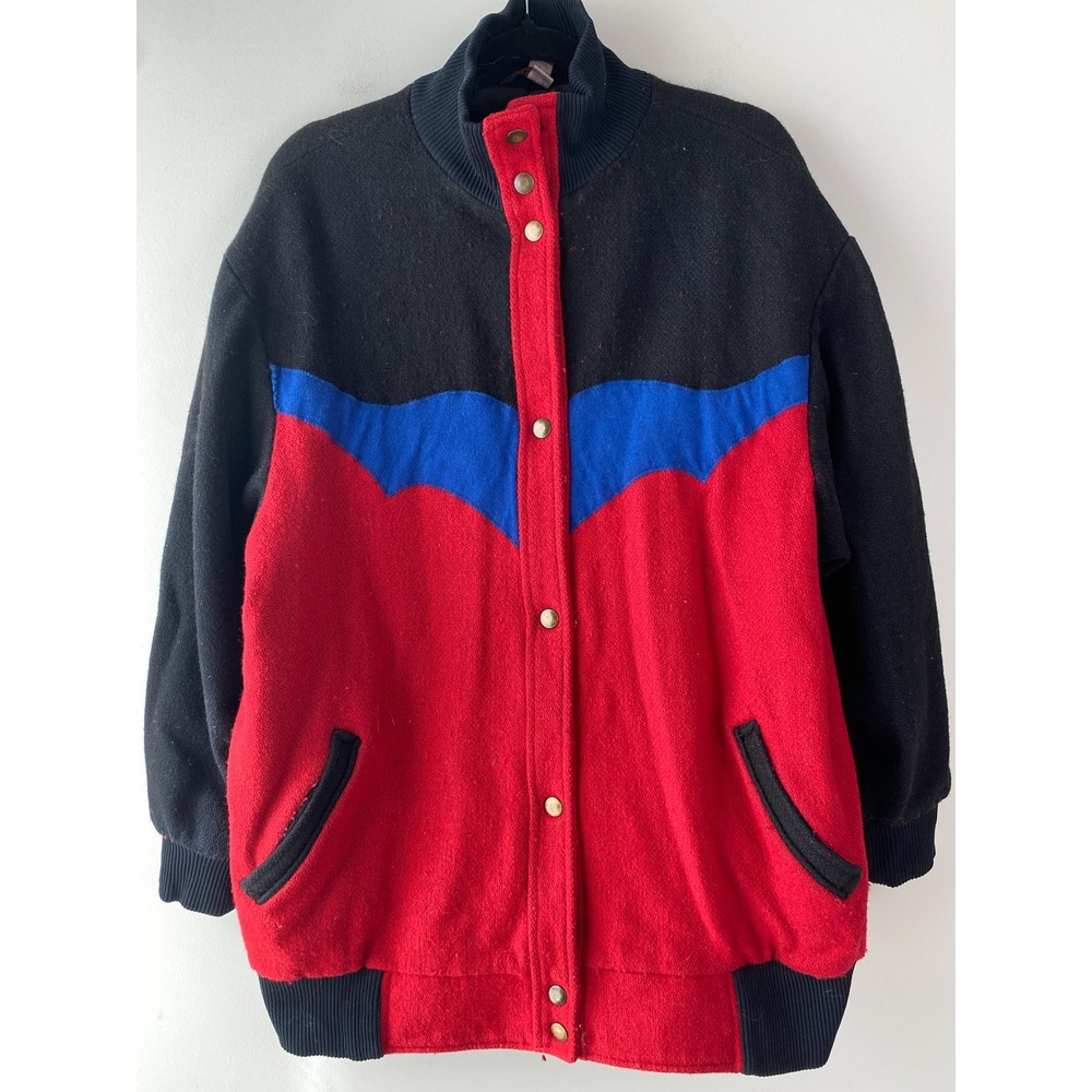 Vintage Pioneer Wear Wool Bomber Jacket L Red Bull Skull Southwestern USA Retro